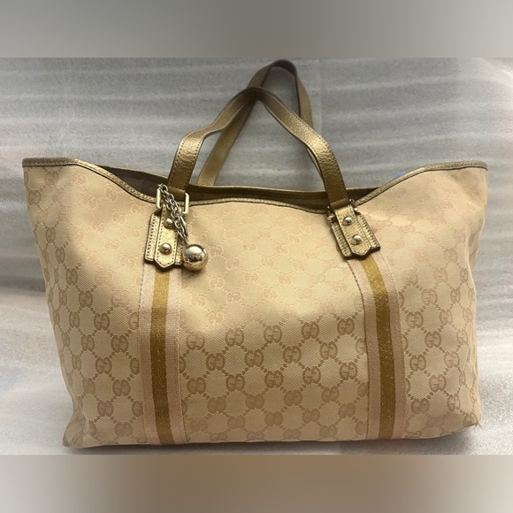 Gucci Handbags - GUCCI Joy Tote GG Canvas Champagne Metallic Leather Charm Shoulder Bag Auth COA